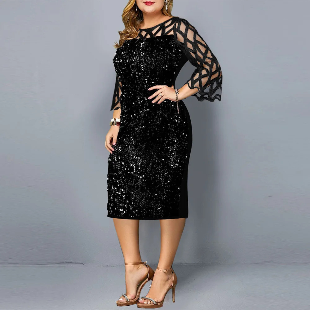 eDressU Women Sequins Lace Evening Party Dress 3/4 Sleeves Plus Size Mid-Calf Elegant Cocktail Formal Dress LYT-3187 250225
