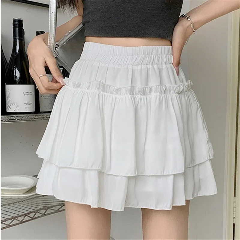 Summer Kawaii White Ruflles Skirt Women Fashion Slim Fit Mini Skirts Giris Y2k All Match Elastic High Waist Black Faldas 250226