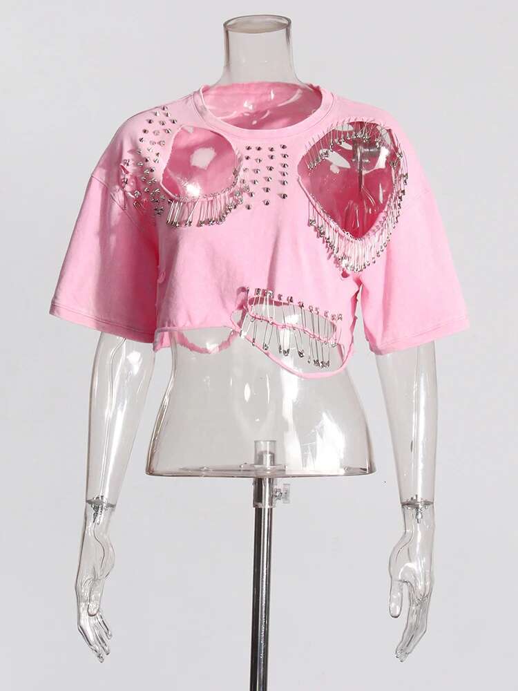 Solid Hollow Out Sexy T Shirts For Women Round Neck Short Sleeve Spliced Rivet Streetwear Designer Crop Top Female