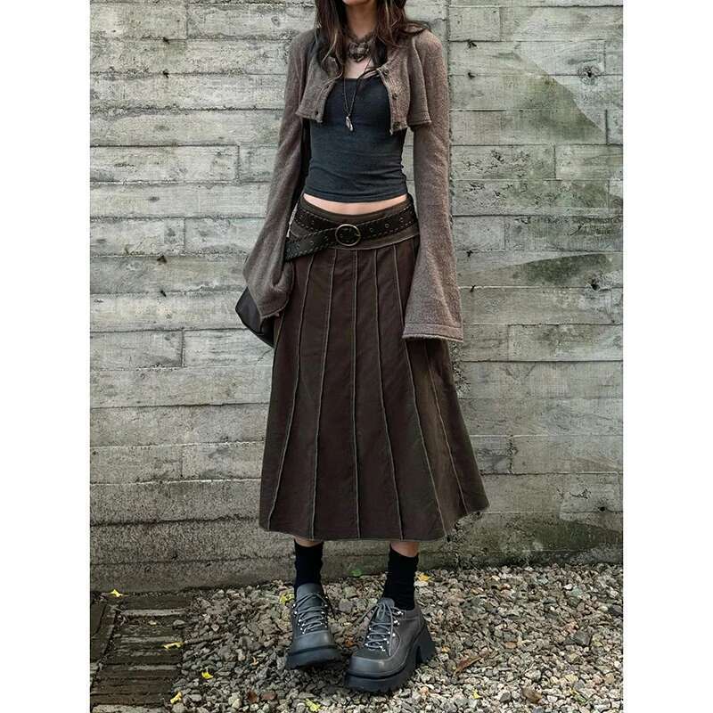 Women's A-E Denim Pleated Vintage 90S Aesthetic Y2k Long Jean Skirt Haruku Korean Cowboy Skirts 2000S Clothes Autumn