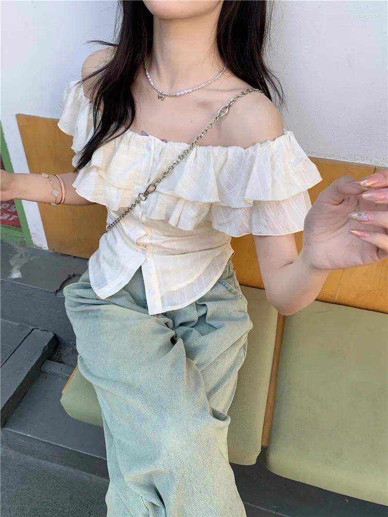 Women's Blouses Slash Neck Shirts Women Summer Slim Breathable Sweet Girl Korean Fashion Top Ruffles Students High Street Gentle Camisas