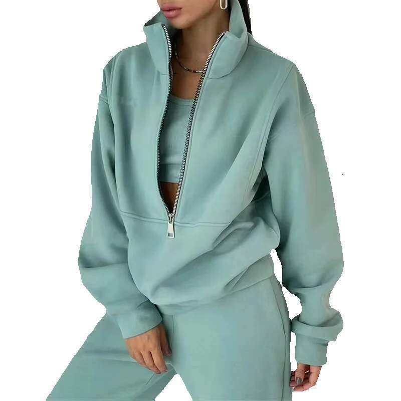 2 Piece Half Zip Up And Jogger Women Blank Sports Casual Winter Fleece Tracksuit Hoodie Set