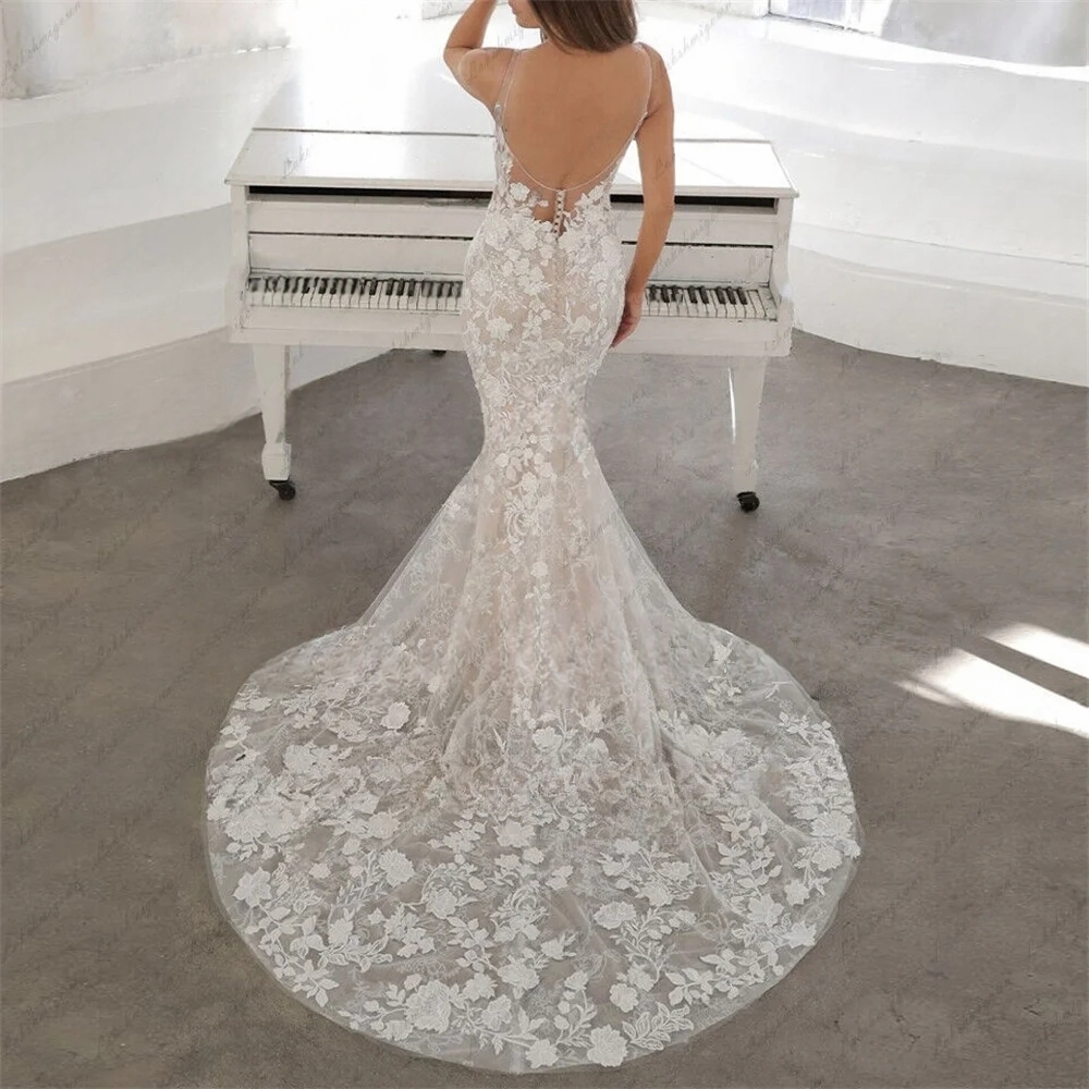 Sexy Backless Lace Mermaid Wedding Dresses With Detachable Train V-Neck Spaghetti Straps Long Bohemian Bridal Gowns 2025 Beach Vestdio De Novia