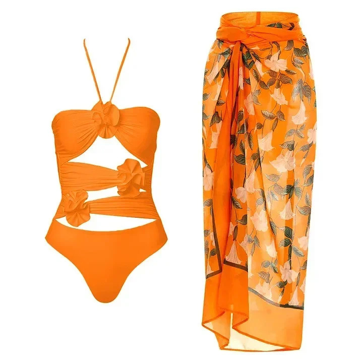 Sexy One Piece Swimsuit Skirt Summer Women Halter 3D Flower Print Swimwear Beach Dress Cover Up Monokini Bath Suit 250225