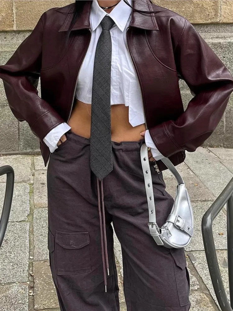 Breasted Pocket PU Leather Jacket Lapel Maillard Women Motorcycle Leather Coat Vintage Spring Autumn Commute Short Overcoat Top 250225