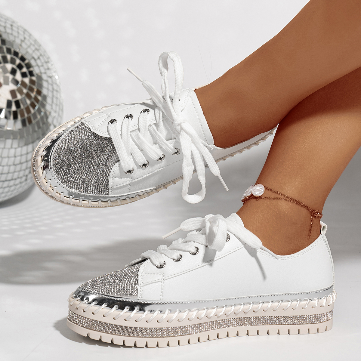 Fashion Women's Casual Shoes Rhinestone Sequin Ladies Flats Comfortable Platform Walking Sneakers Casual Rhinestones PU Walking Flats Thick Botto