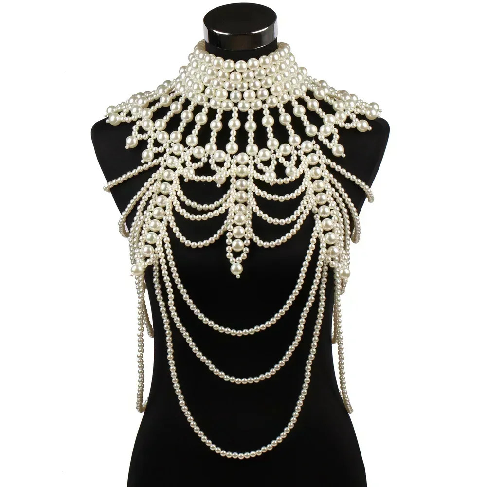 Pearl Necklace Body Chain for Women Big Large Beads Statement Chunky Crop Top Bra Mesh Choker Shoulder Shawl Jewelry Costume 250225