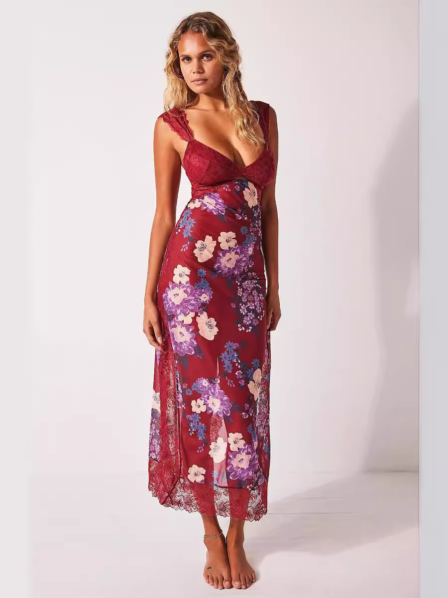 2025 summer new printed lace shoulder strap slit long skirt dress