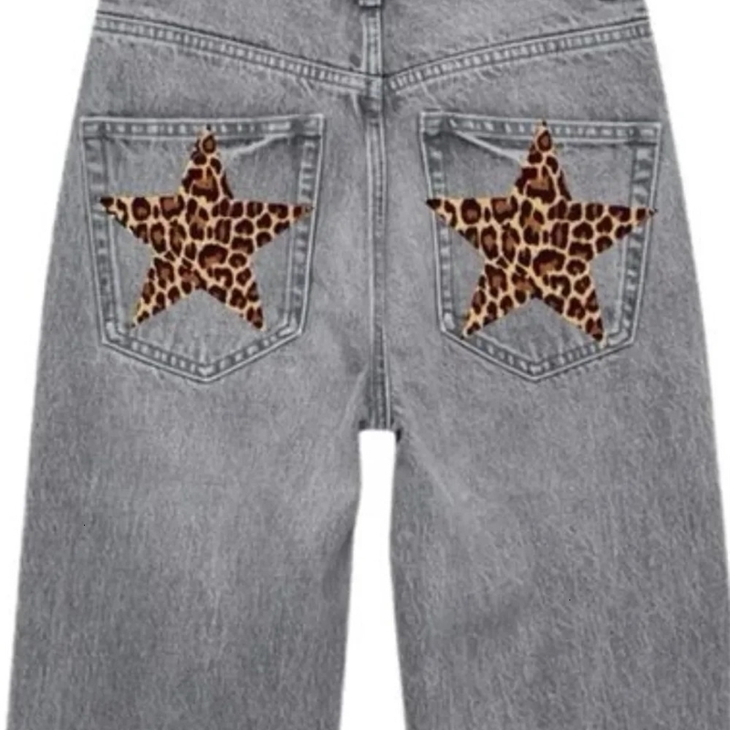 Harajuku Gothic Leopard Print Embroidery Retro Baggy Jeans Womens Jeans Fashion Y2K Clothes Slim High Waist Casual Trousers 250225