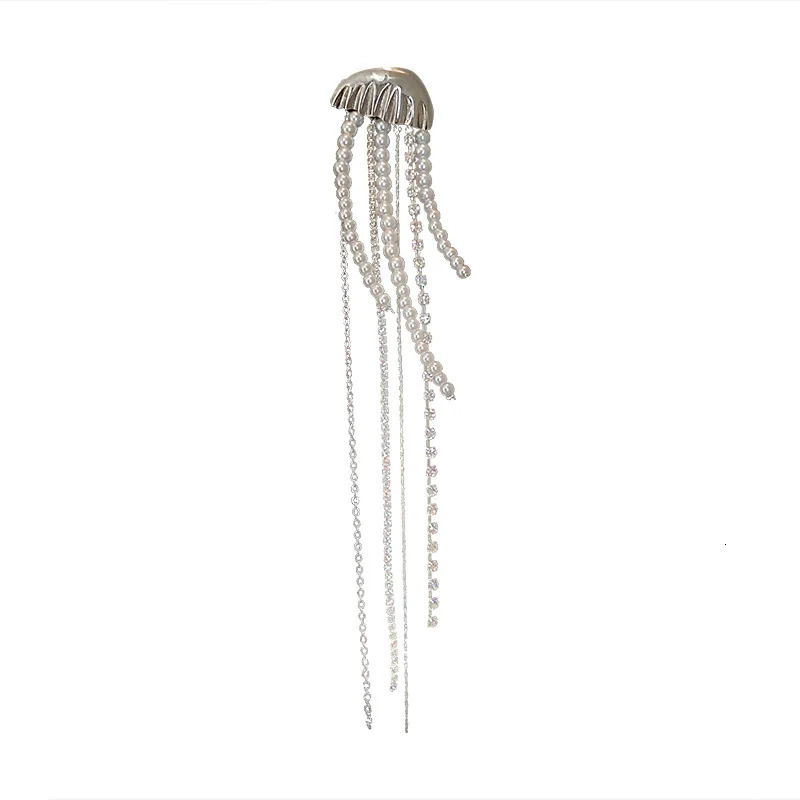 1 Piece Vintage Crystal Pearl Jellyfish Brooch For Women Personality Long Tassels Collar Brooches Earrings Accessories 250225