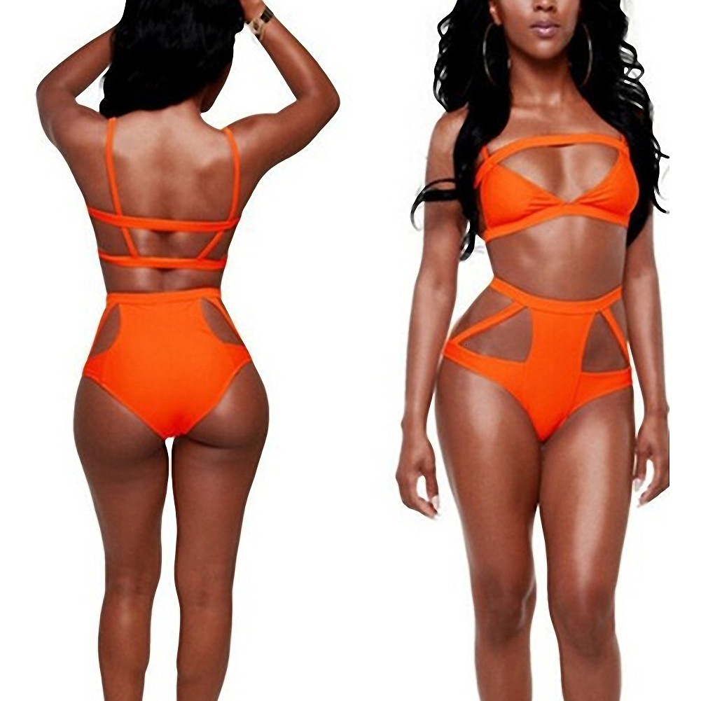 designer swimwear Multi Rope Orange Split Sexy Hollow Strap High Waist Bikini Swimsuit