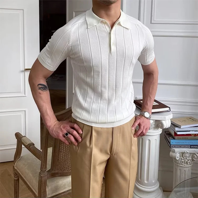 Casual Mens Slim Elastic Knitted Polo Shirt Spring Summer Short Sleeve Lapel Button Knit Tops Men Clothes Fashion Pullover 250225