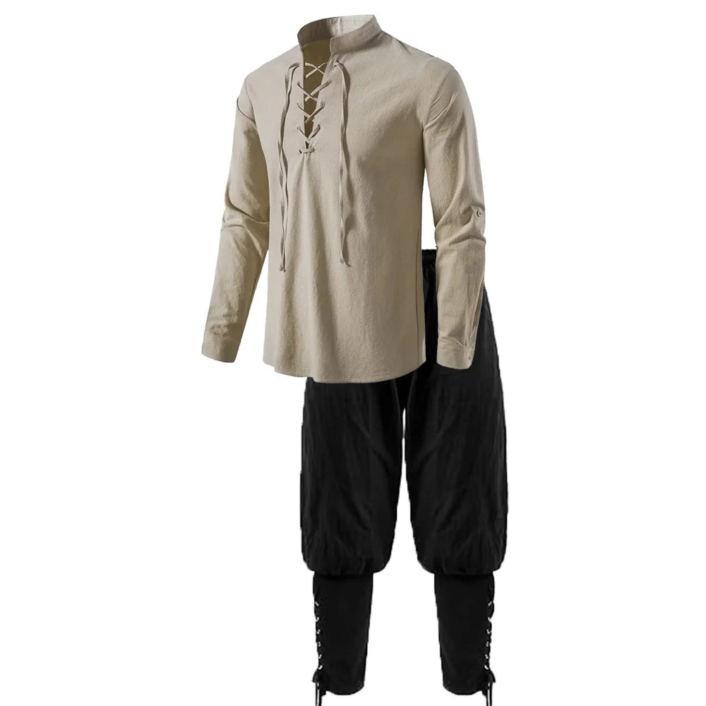 2PCS mens medieval knight costume set Renaissance cosplay pirate shirt ankle strap pants Halloween cotton linen fabric 250226