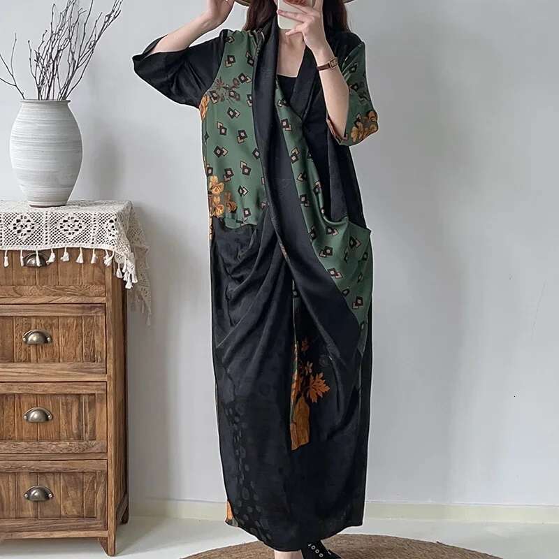 New Women Vintage Cross V Neck Ral Print Knotted Loose Maxi Long Dress Female Silk Retro Casual Party Vestidos De Mujer
