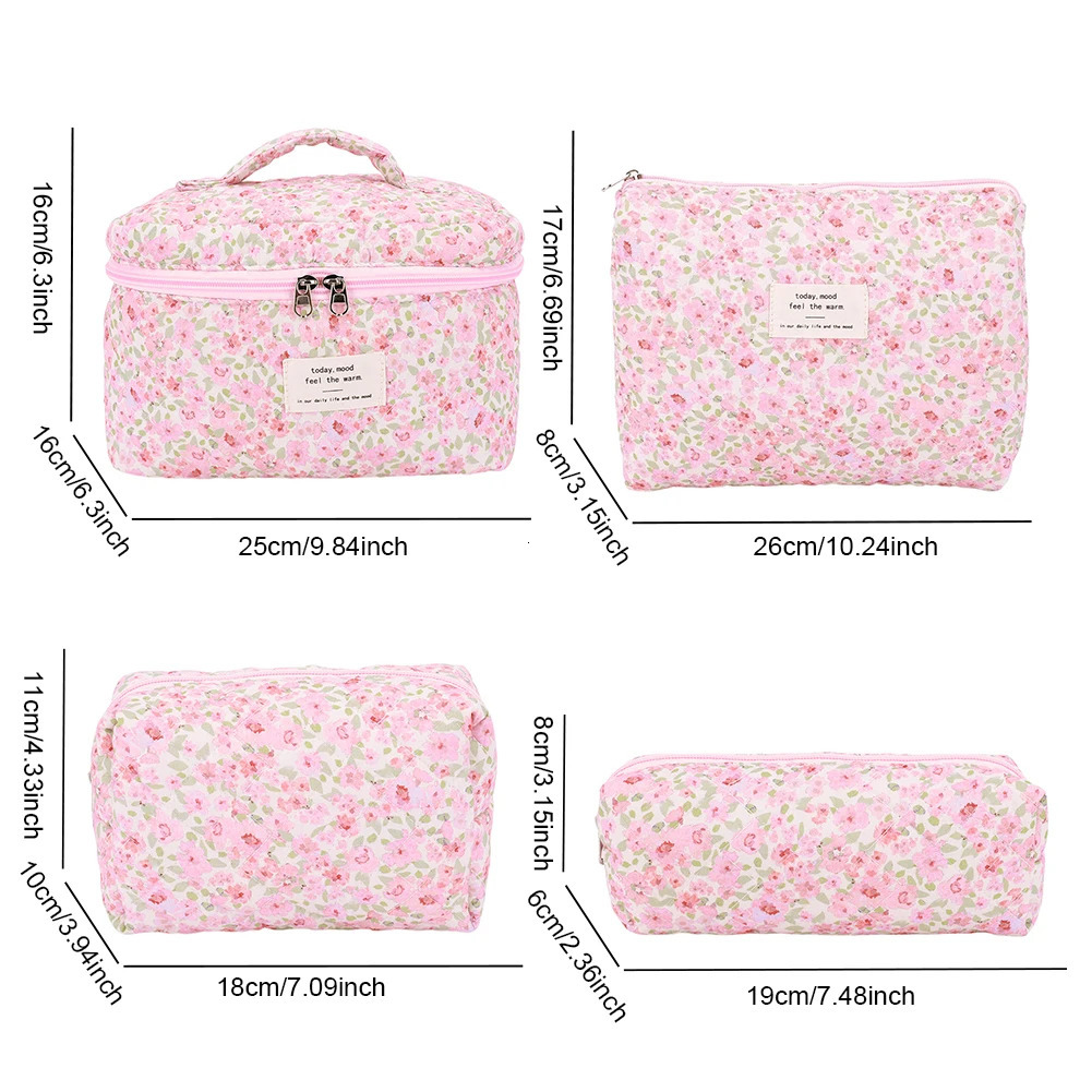 4PCS Women Travel Toiletry Bag Quilted Cotton Makeup Bag Floral Make Up Organizer Toiletry Organizer Bag 250221