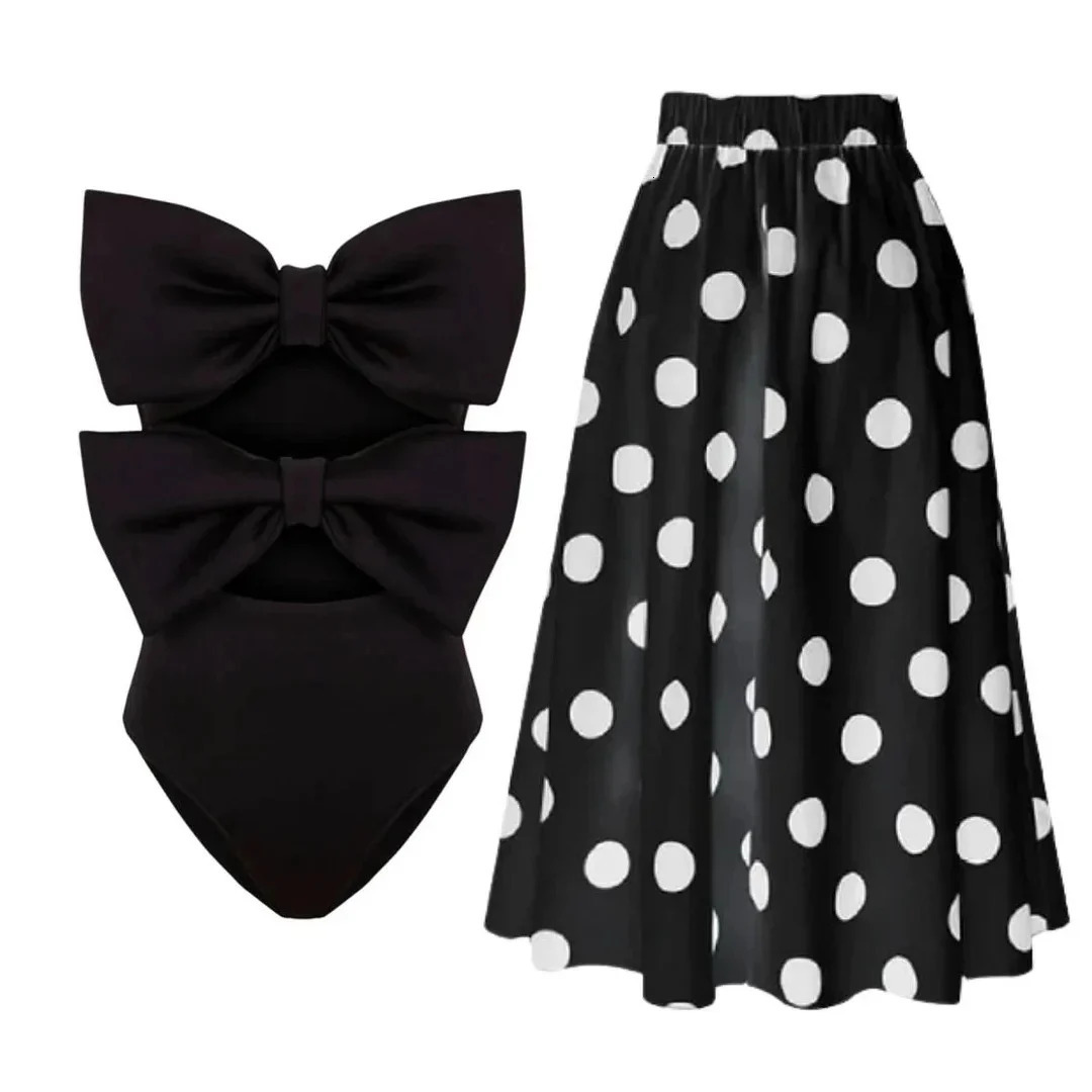 bow tie One Piece Swimsuit With Cover Up Sexy Swimwear Women Off Shoulder Swim Suits Patchwork Bathsuit Belt Bodysuit Beachwear 250225