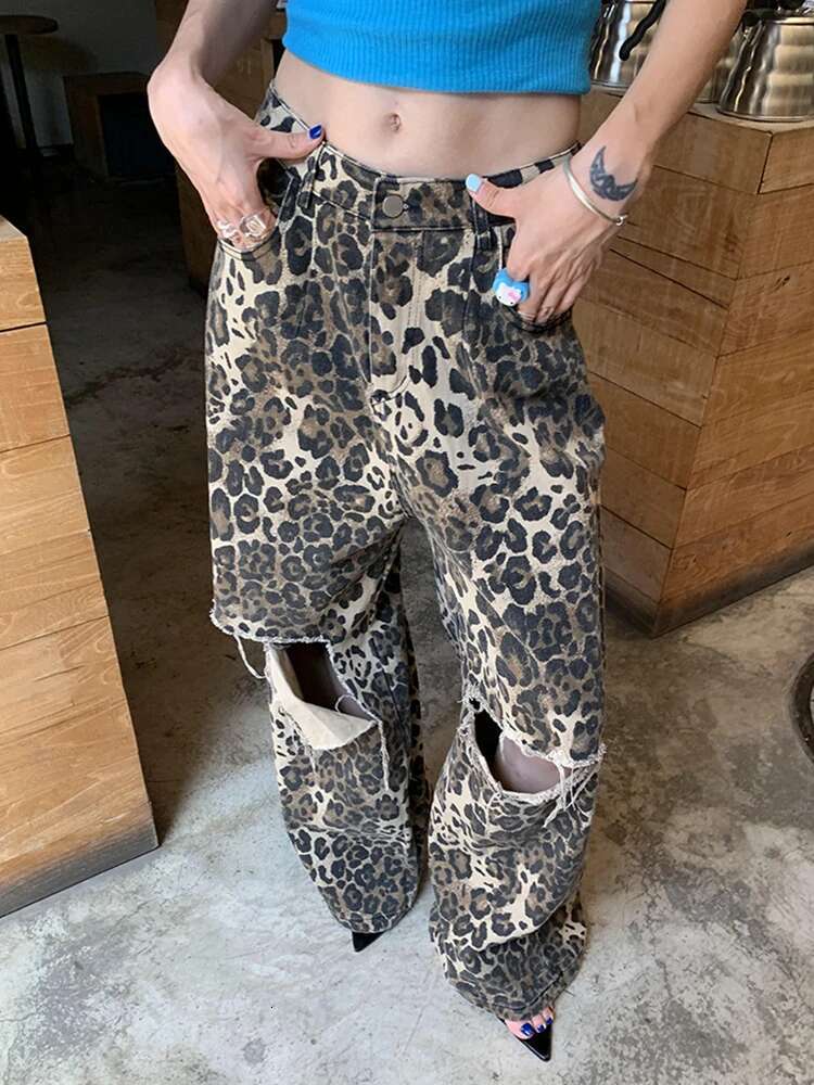 Leopard Ripped Wide Leg Jeans For Women High Waist Patchwork Button Loose Fashion Denim Pant Female Clothing New
