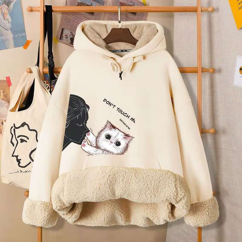 2023 Hoodies Women Lovely Cat Winter Thickened Puff Printing Fashion Hot Sale High Quality Pullover Hoodie
