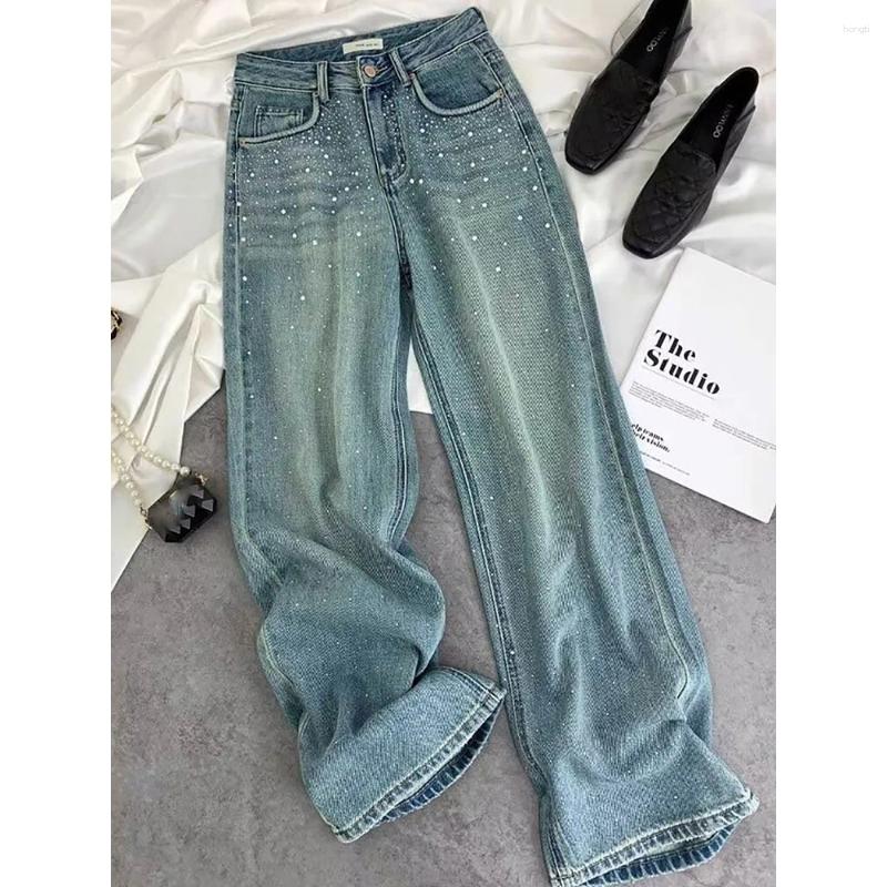 Womens Jeans Shiny Rivet For Women 2025 High Waist Straight-Leg Slim Denim Pants Diamond-Studded Washed Blue Female Tr