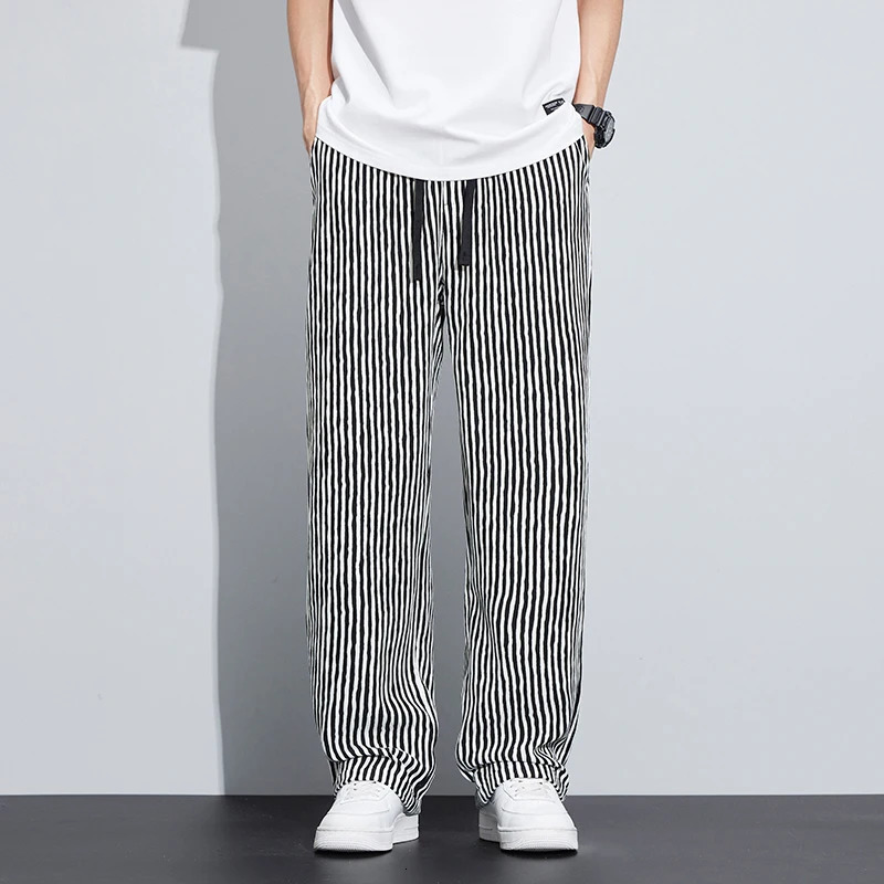 Spring and summer striped casual pants mens loose straight wide leg brushed elastic waist pants mens pants 250225