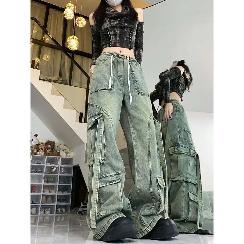 American Style Elastic Waisted Retro Jeans Make Old Washed Pocket For Women Heavy-Duty Design Loose Straight Leg Pants