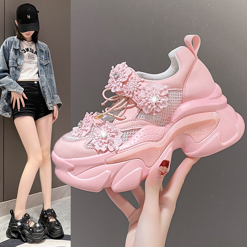 Women Platform Casual Breathable Crystal Flower Shoes Summer Chunky Sneakers 7.5CM Hidden Heels Hollow Leisure Shoes Woman Fashionable sports sandals