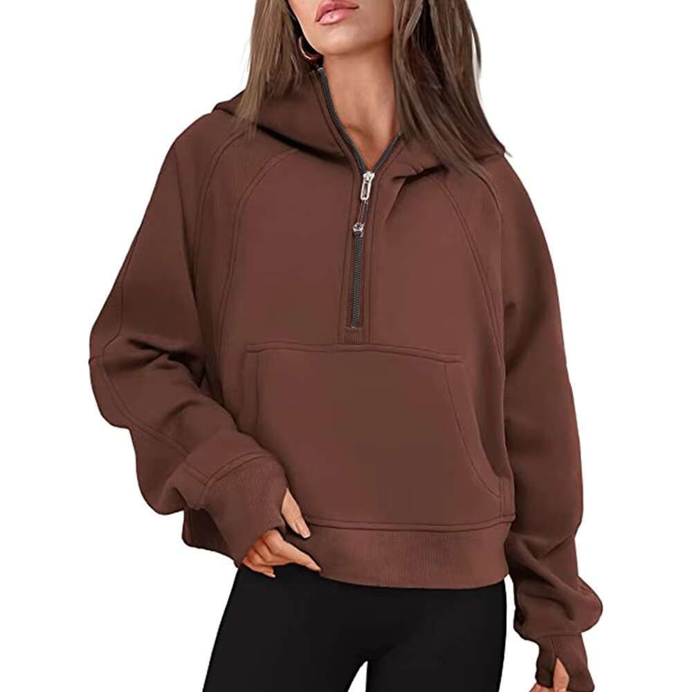 New Fashion Women Girls Fleece Half Zipper High Collar Hooded Sweatshirt Pockets Long Sleeve Solid Color Pullover Casual Hoodie