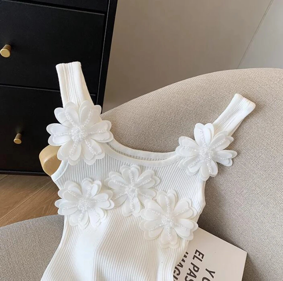 Heavy Industry Sequined Flower Splicing Tank Top Womens Summer Blouse Outerwear Knitted Sleeveless Top 250225