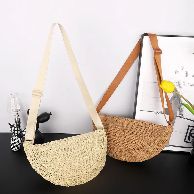 Simple Paper Rope Womens Shoulder Bags Summer Fashion Straw Semicircle Crossbody Bag Casual Beach Woven Handbags Underarm Bag 250224