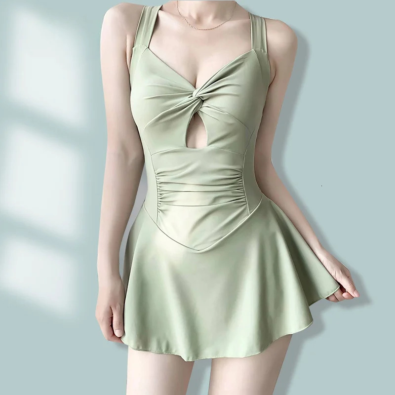 Swimming Suit for Women Solid Color Slimming One-piece Dress Style Conservative Waist Tightening Slimming Vacation Swimsuit 250225