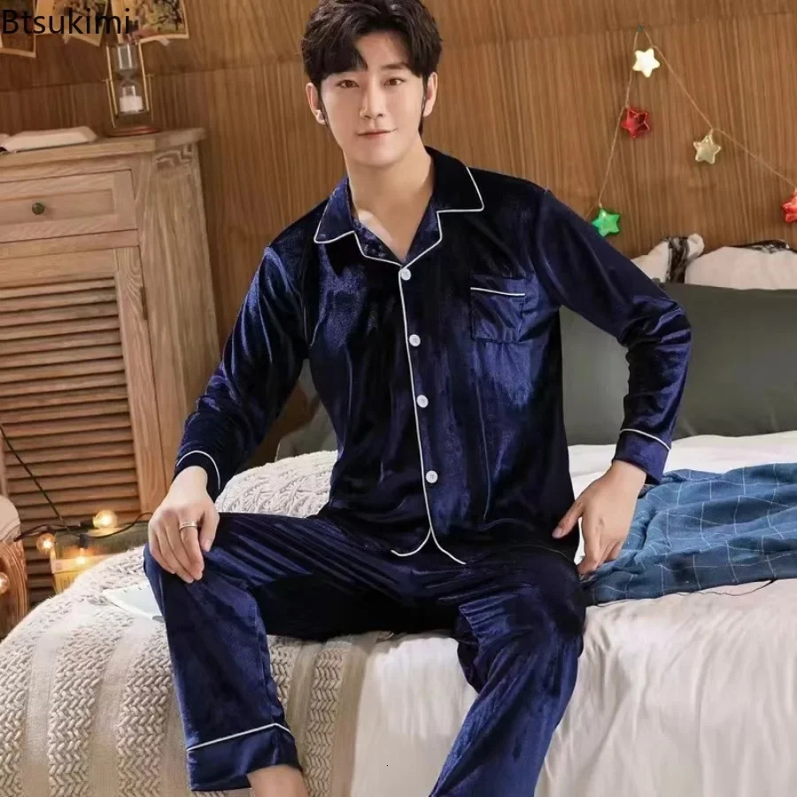 Mens Long Sleeve Pants Pajama Sets High-end Gold Velvet Homewear 2 Piece Sets Loose Lounge Sleepwear Suit Male 250225