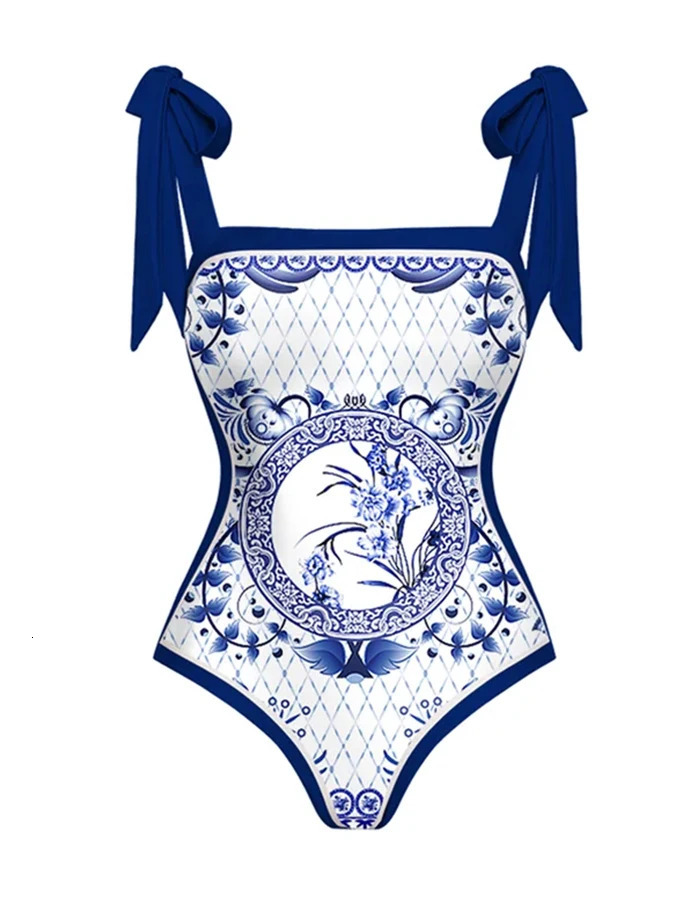 Vintage Swimsuit Bowknot Tie-shoulder One Piece Swimsuit Double-sided Beach Dress er Bathing Suit Summer Surf Wear 250225