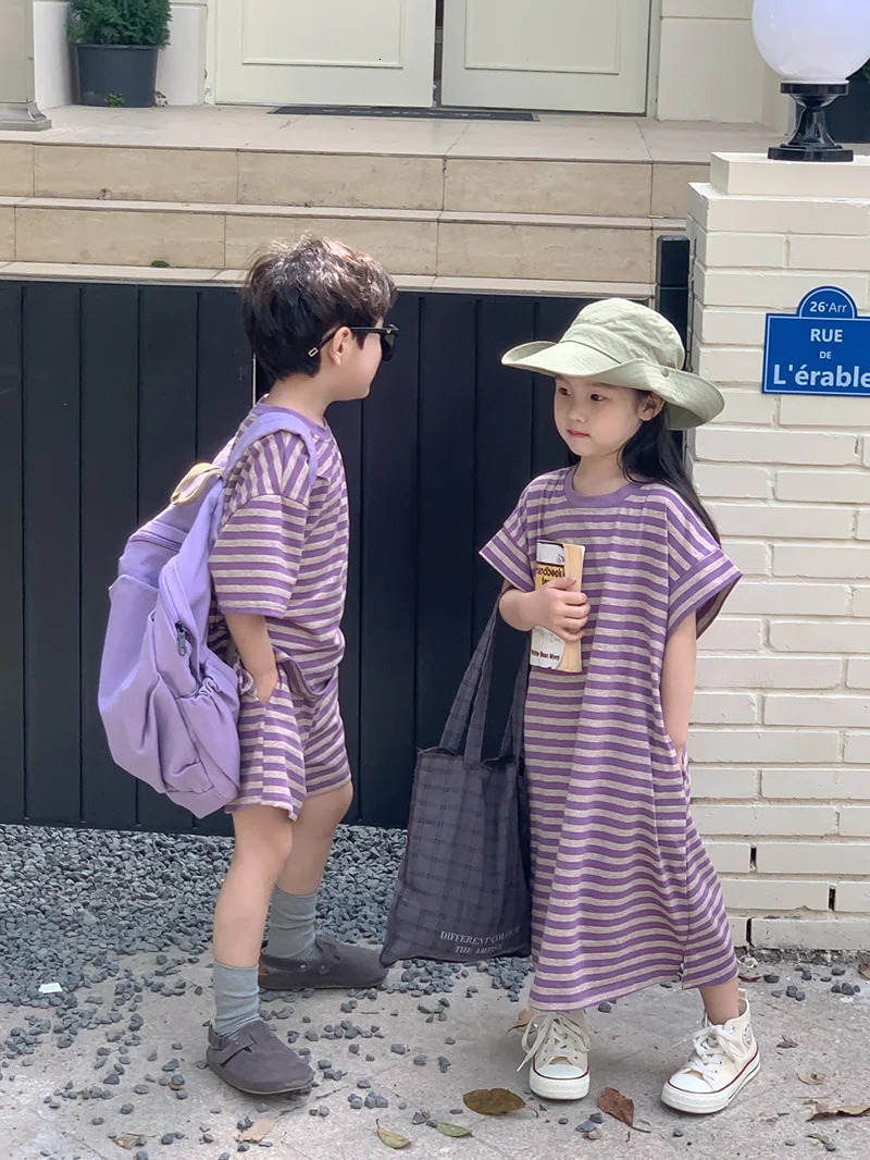 MILANCEL Summer Kids Clothing Set Striped Tee And Shorts Boys Casual Suit Girl Long Dress Brother Sister Clothes 250221