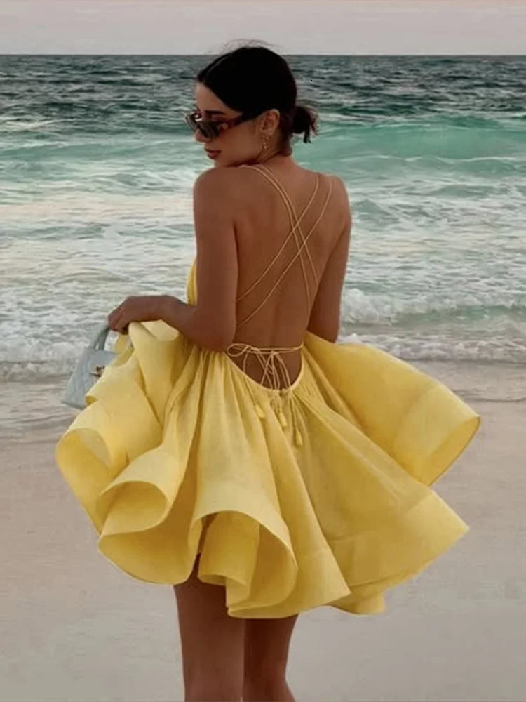 Womens Fashion Yellow Pleated A-line hem Mini Dresses Sexy Sleeveless Backless Lace-up Dress Chic Ladies Holiday Beachwear 250225