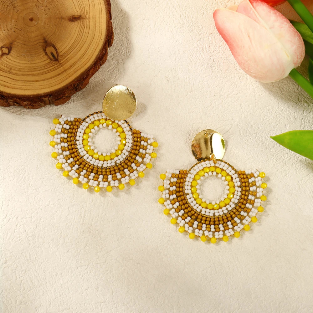 Badu Bohemia Style Fan Shape Handmade Beaded Dangle Earrings for Women Retro Ethnic Trendy Jewelry Rice Beads Earring 250225