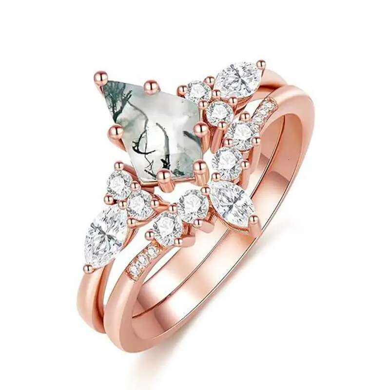2024 new jewelry natural green moss stone agate high quality women's two-piece wedding ring set