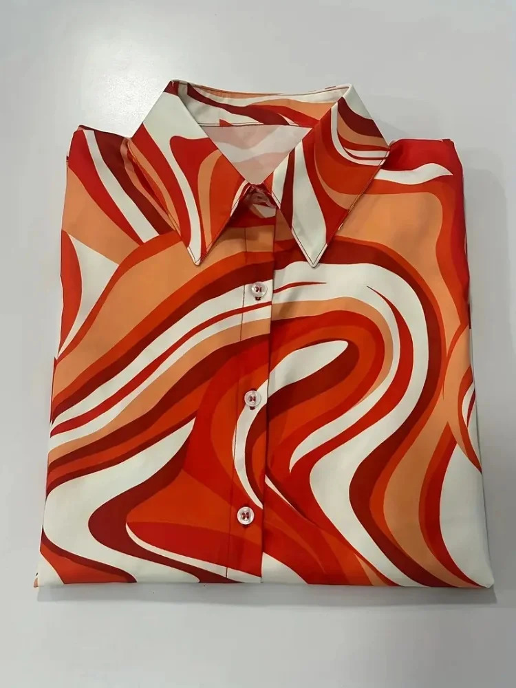 Boutique Pattern Printed Button Long Sleeve Womens Shirt Vintage Elegant Office Fashion Large Size Womens Daily Lapel Shirt 250226