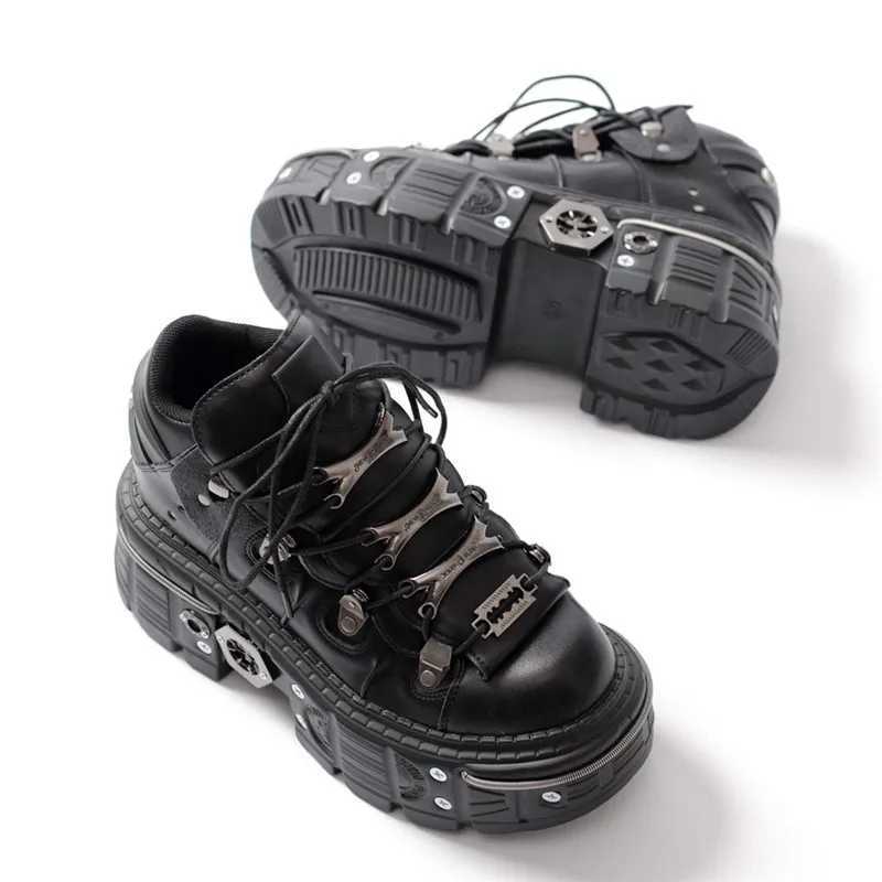 Fashion Women Punk Platform Shoes for Womans Lace-Up Round Toe Metal Decoration Thin Heels Sneakers Gothic Party Nightclub ShoeC250225