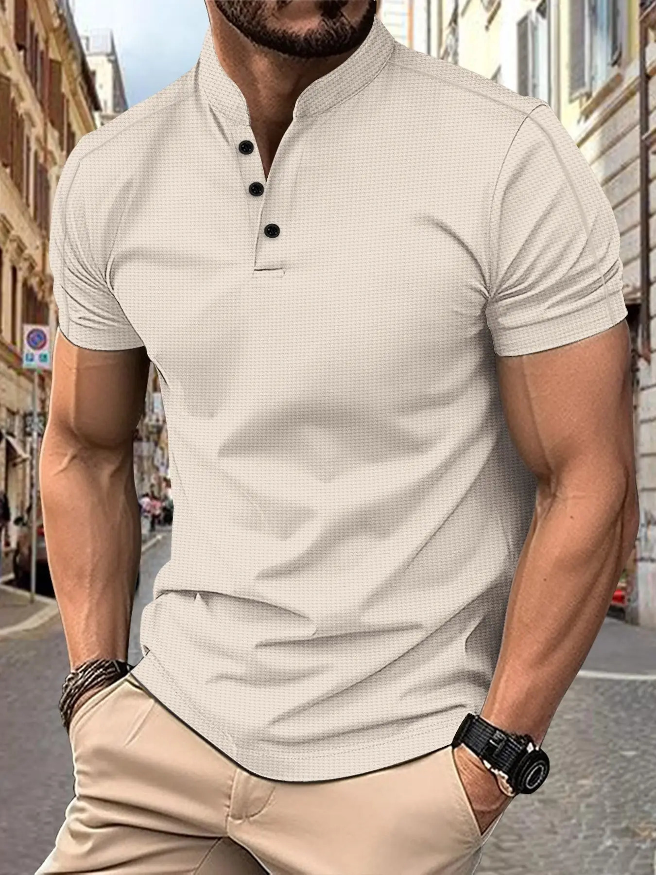 Summer explosion mens short sleeve T-shirt stand collar Waffle Henry collar casual fashion short sleeve polo shirt 250225
