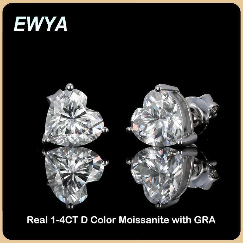 EWYA GRA Certified 1-4CT D Color VVS1 Heart Cut Moissanite Earrings For Women Sier Pass Dia Test Wedding Ear Studs