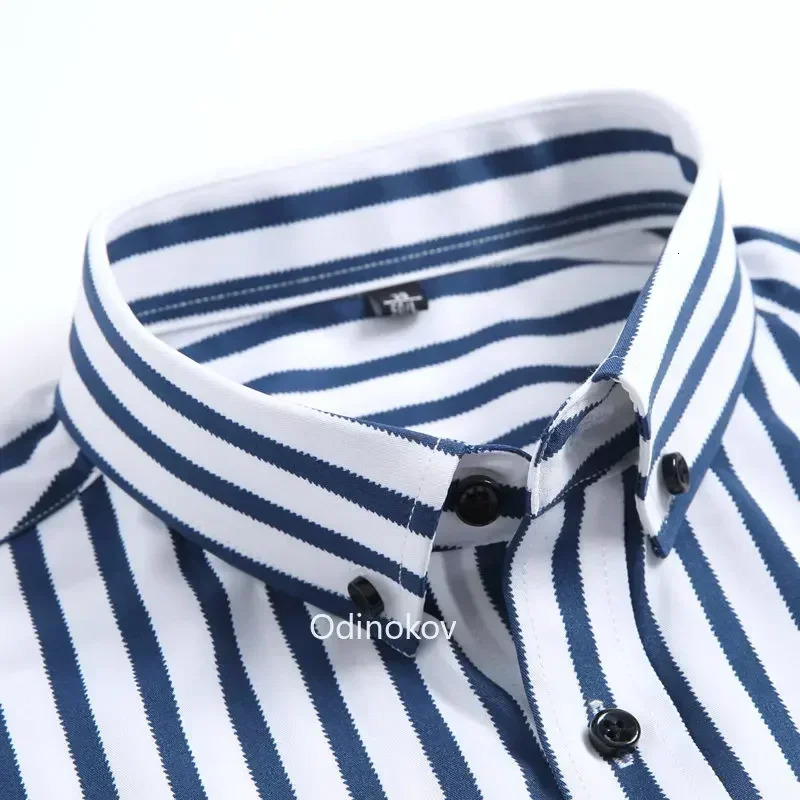 Mens Smooth Non-iron Stretch Soft Casual Striped Shirts Without Pocket Long Sleeve Standard Fit Youthful Button Down Shirt 250226