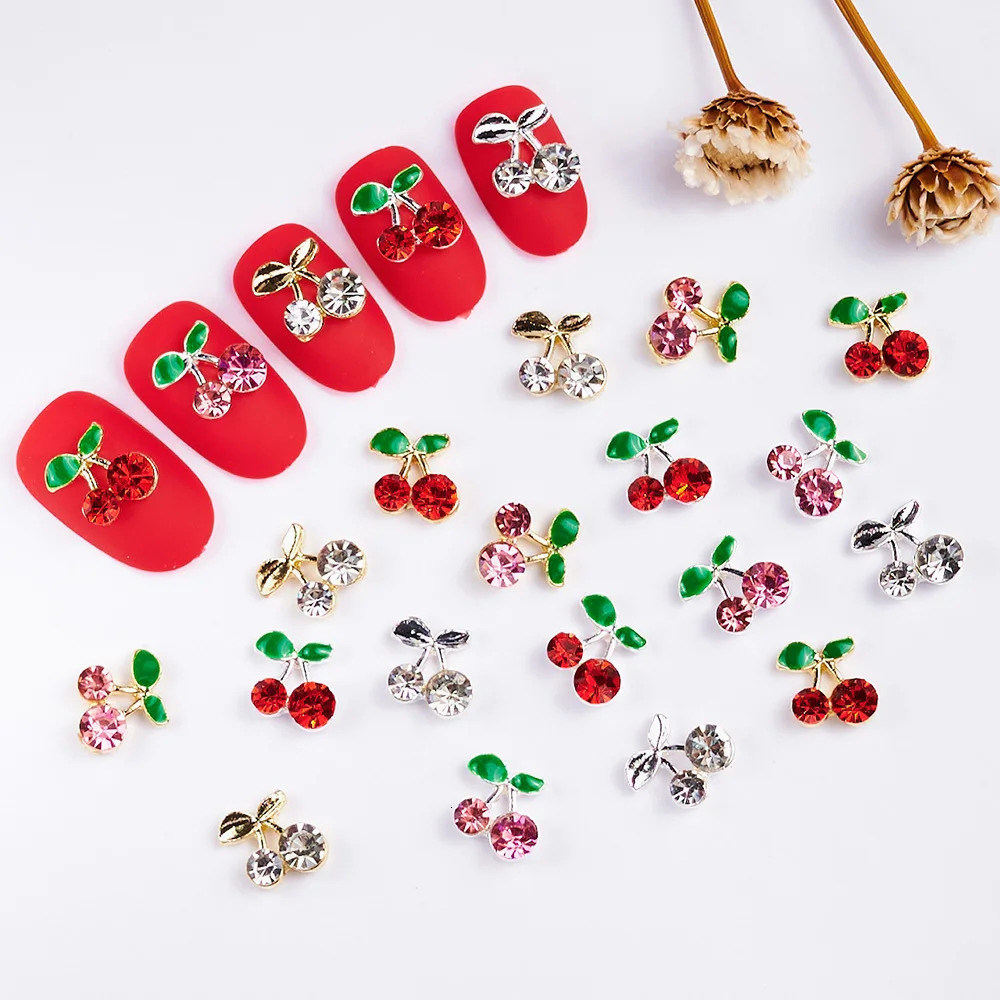 20pcsbag 3D Cherry Nail Charms Red Pink Gems Glitter Stud Fruit Slices for Jewelry 250217