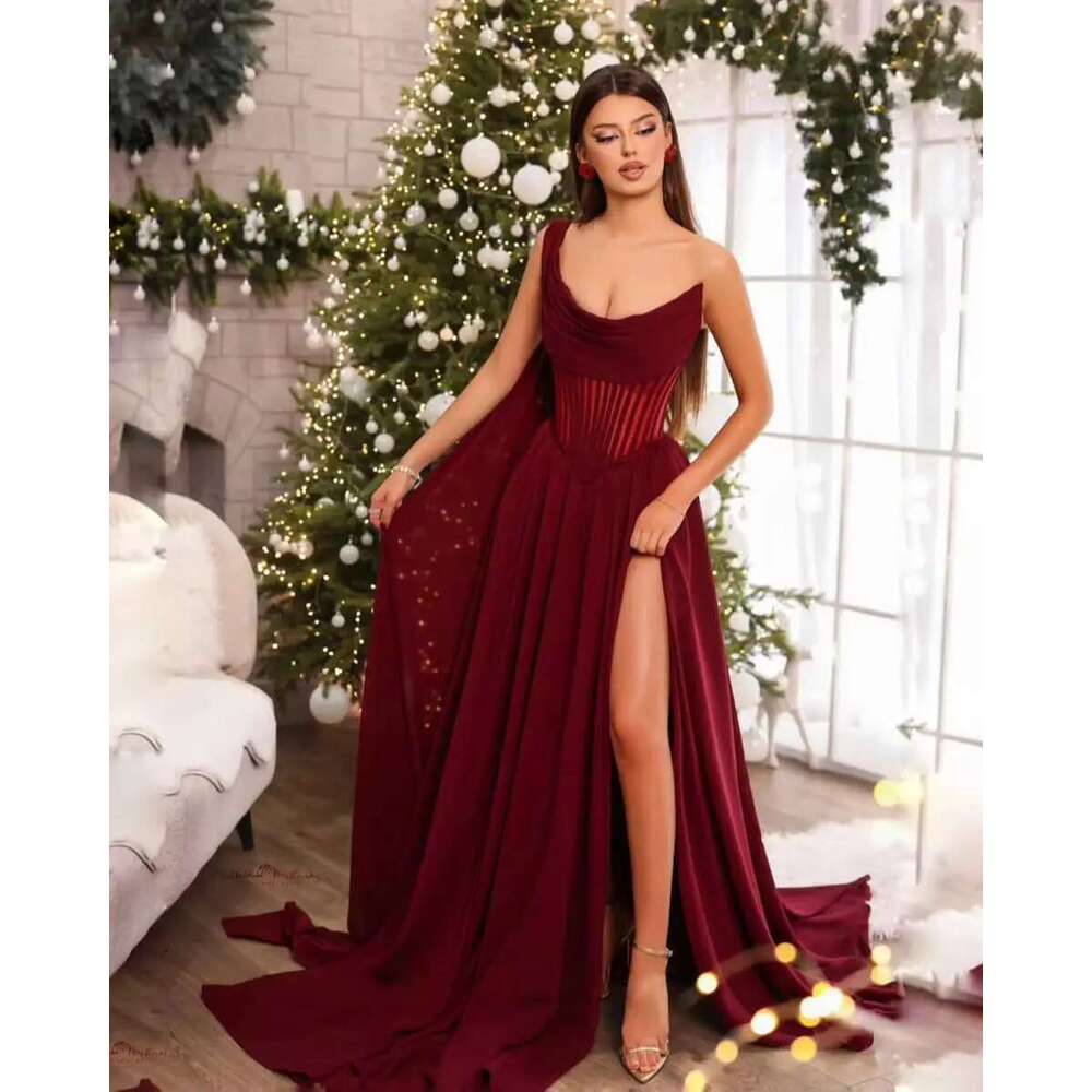 Gorgeous Evening Dresses One-Shoulder Beads Sparkly Sequins Side Split Sweep Train Prom Dress Vestido De Noite Customized