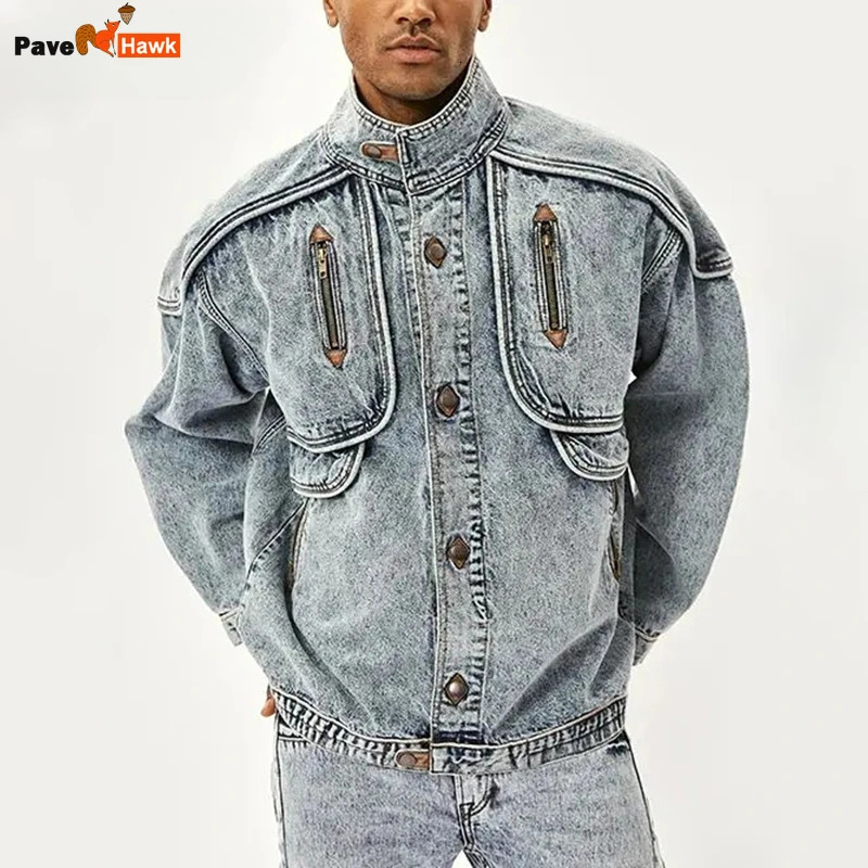 Vintage Denim Jackets Men Slim Solid Casual Jean Coat Stand Collar Moto Biker High Street Distressed Outwears Spring Autumn 250225
