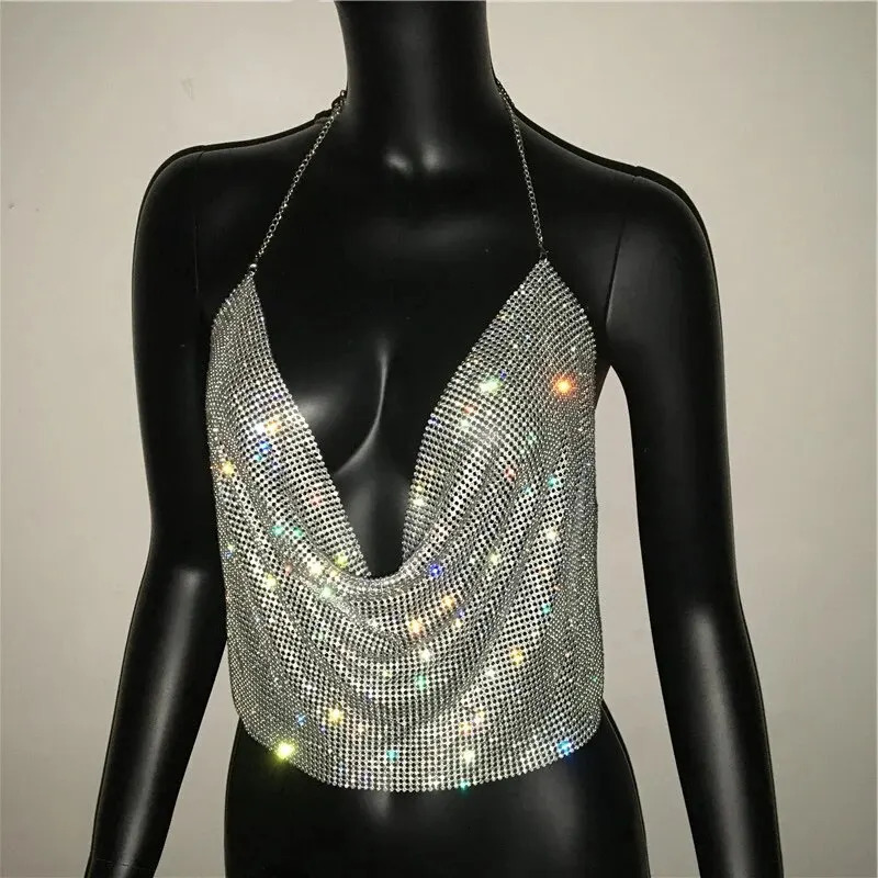 Festival Brilliant Rhinestone Backless Party Crop Top Women Summer Glitter Evening V Neck Diamonds Metal Tank Tops 250225
