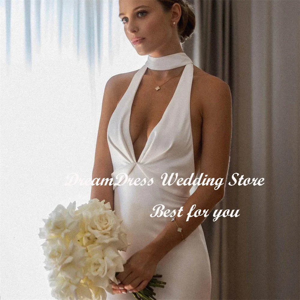 DREAM Customized Simple VNeck Halter Mermaid Crepe Wedding Dress For Women Boheimian Backless Sweep Train Bridal Gown 2025 250224