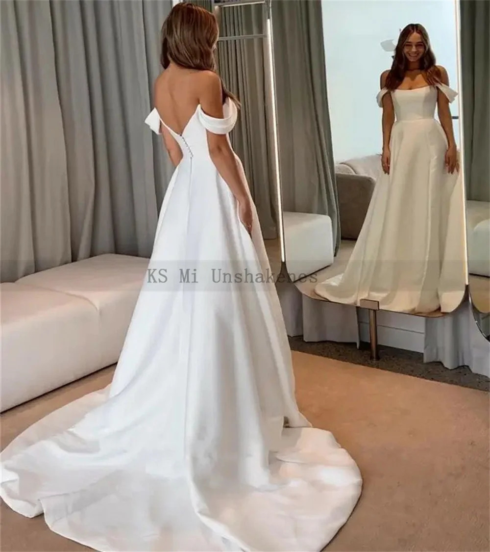 Simple Civil Wedding Dresses Off the Shoulder Sleeveless Side Split Summer Beach Bride Dress Satin Minimalist Gowns 2024 250224