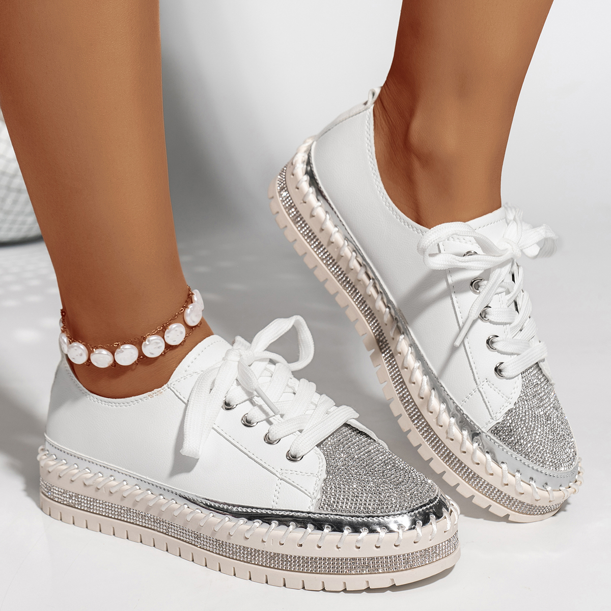 Fashion Women's Casual Shoes Rhinestone Sequin Ladies Flats Comfortable Platform Walking Sneakers Casual Rhinestones PU Walking Flats Thick Botto