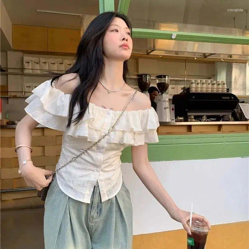 Women's Blouses Slash Neck Shirts Women Summer Slim Breathable Sweet Girl Korean Fashion Top Ruffles Students High Street Gentle Camisas
