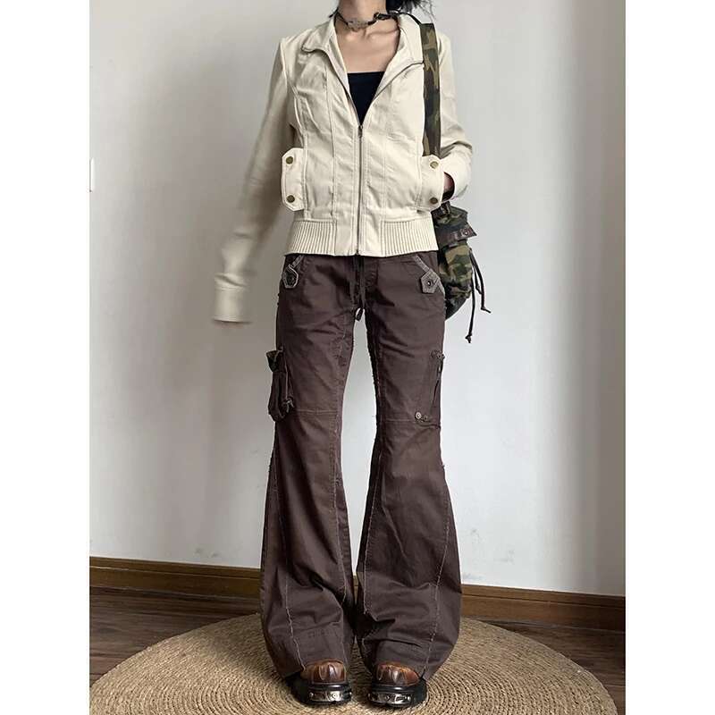 MDNG Brown Spliced High Rise Flare Jeans For Women Streetwear Y2k Aesthetic Cargo Jean Pants Vintage Denim Trousers Grunge Fairycore